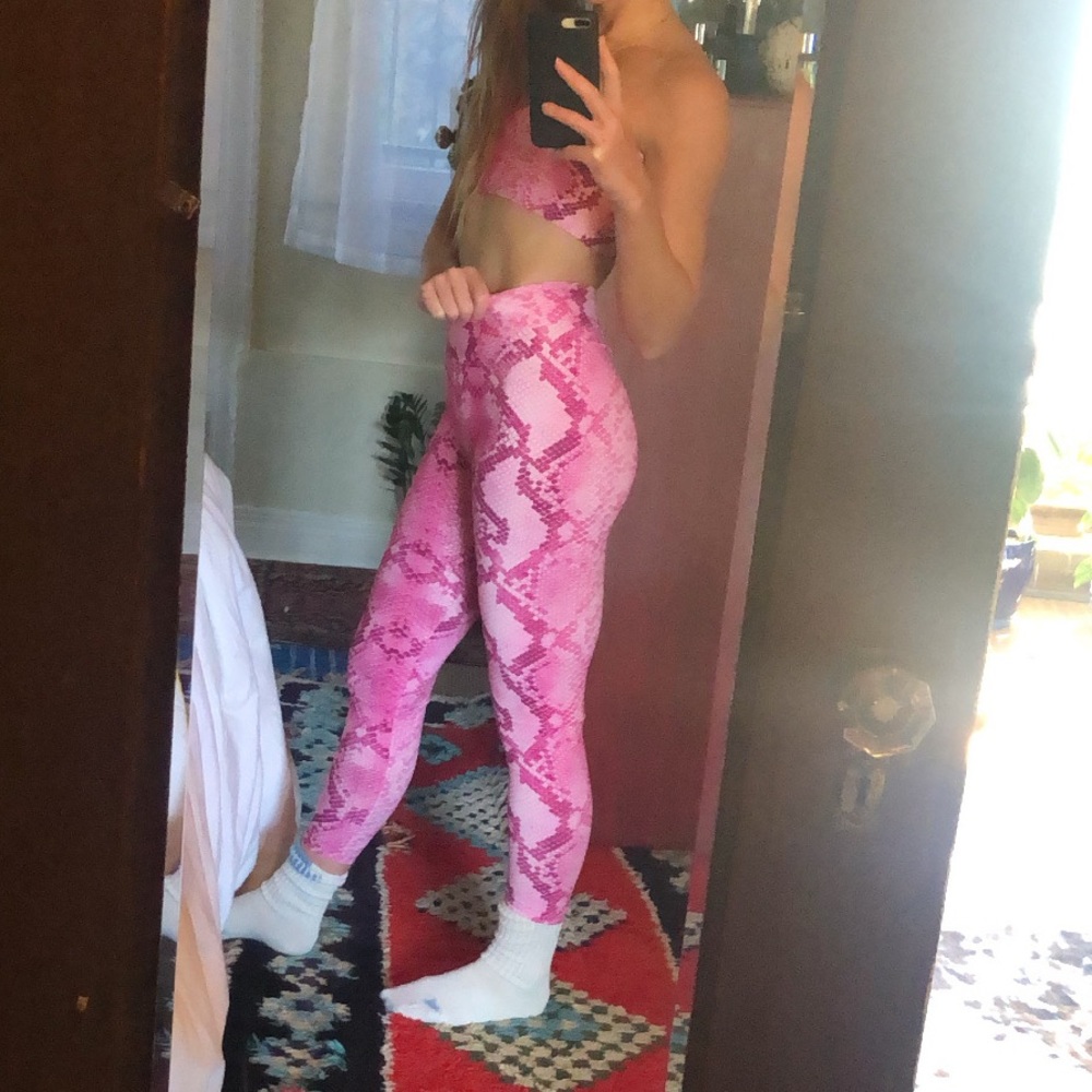 Pink Python Print Ruched Legging Bra Set